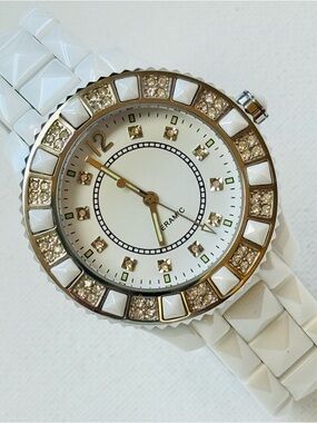 HSN Adrienne Bigger Face Facet-Cut White Ceramic Women's Watch Crystal Bezel
